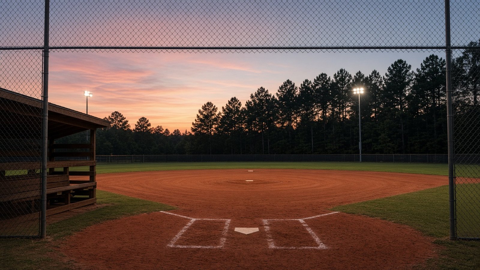 An empty softball field in Middle Georgia at dusk, red clay infield and pine trees beyond the fence